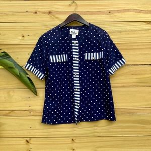Vintage 80s Blue & White Polkadot Blouse Size M